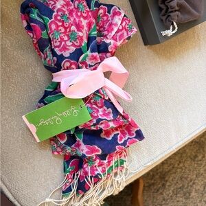 Lilly Pulitzer Pink and Navy Floral Scarf with Green Tag